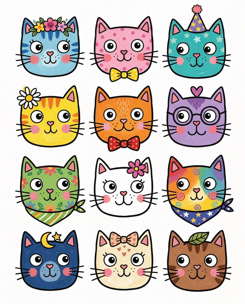Game Asset - Stylized Grid of Whimsical Cat Faces