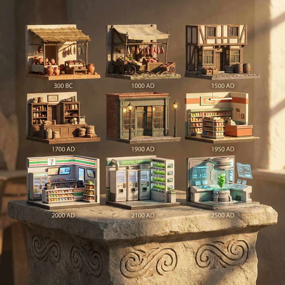 Infographic / Edu Visual - Evolution of Grocery Shops 3D Grid Prompt