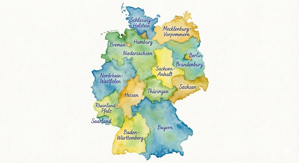 Watercolor map of Germany with labeled states