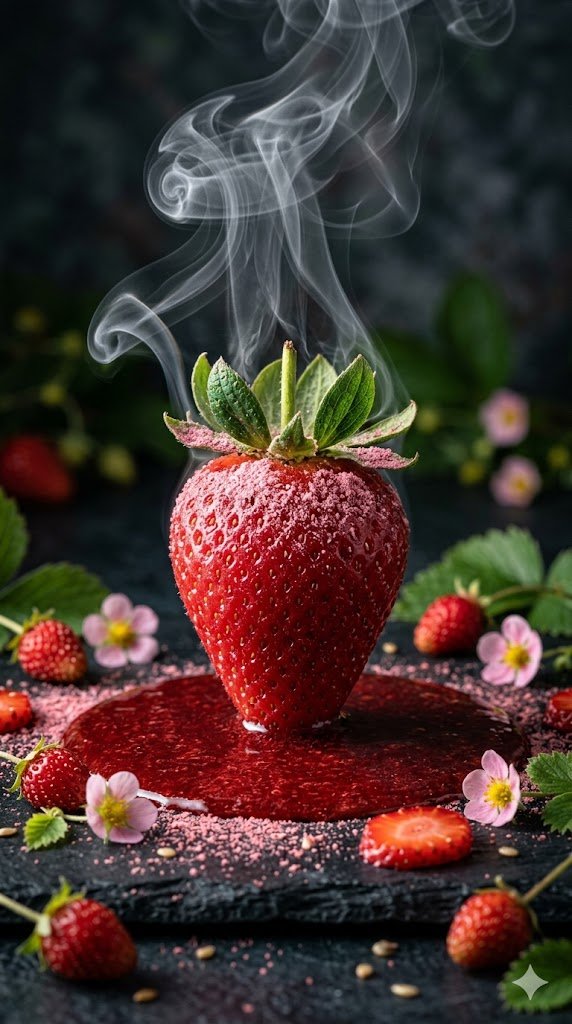 E-commerce Main Image - Cinematic Macro Photograph of a Strawberry in Syrup