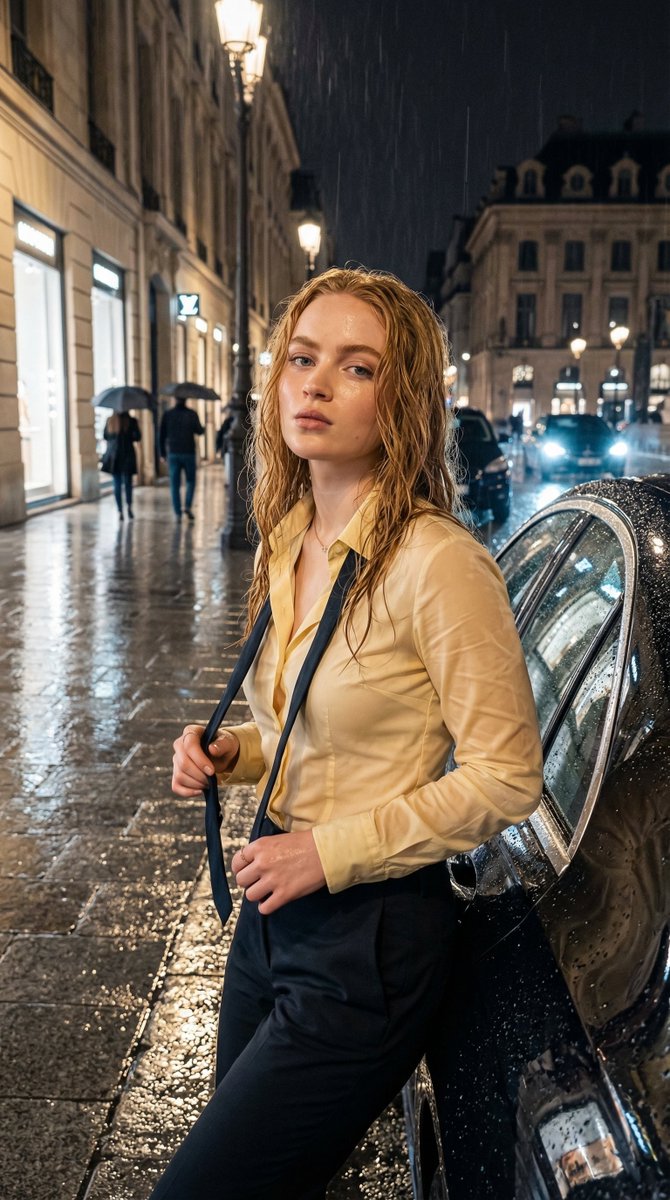 Product Marketing - Rain-Soaked Night Portrait in European Boulevard