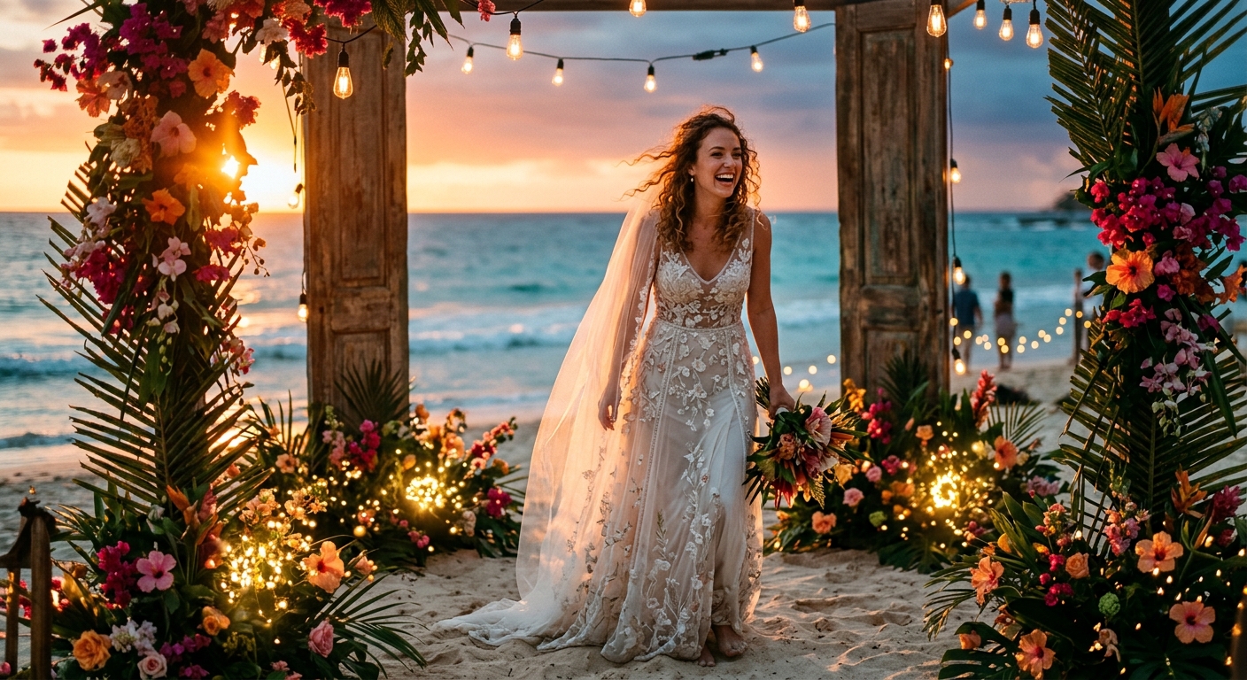 Cinematic Tropical Sunset Wedding Portrait